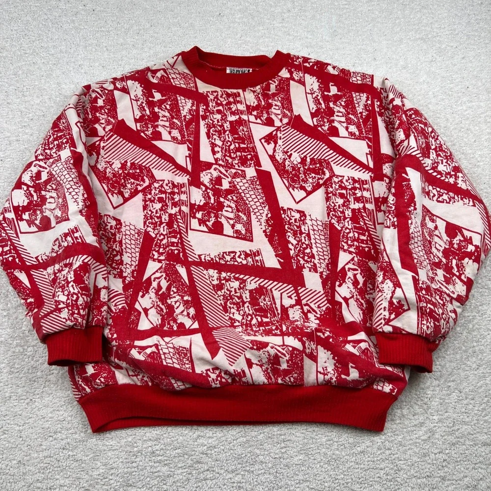 Vtg Crewneck Sweater XL‎ Box 1 Red White Abstract Graphic AOP 90s Streetwear Art